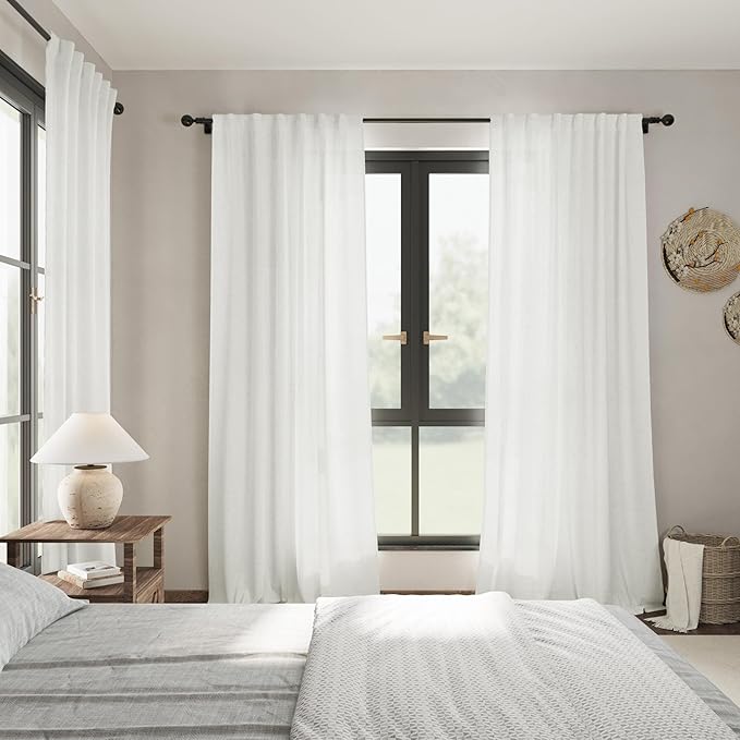 Nanspring Linen Curtains 84 Inch Length 2 Panels Set,Ivory - Back Tab Pocket Flax Linen Cotton Textured Curtains for Living Room Dining Room Cream White Natural Light Filtering Window Drapes 52X84