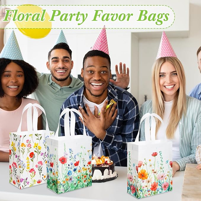 Wesnoy 24 Pcs Floral Gift Bags with Handle Wildflower Reusable Non Woven Tote Bags for Wedding Birthday Party Favor Supplies