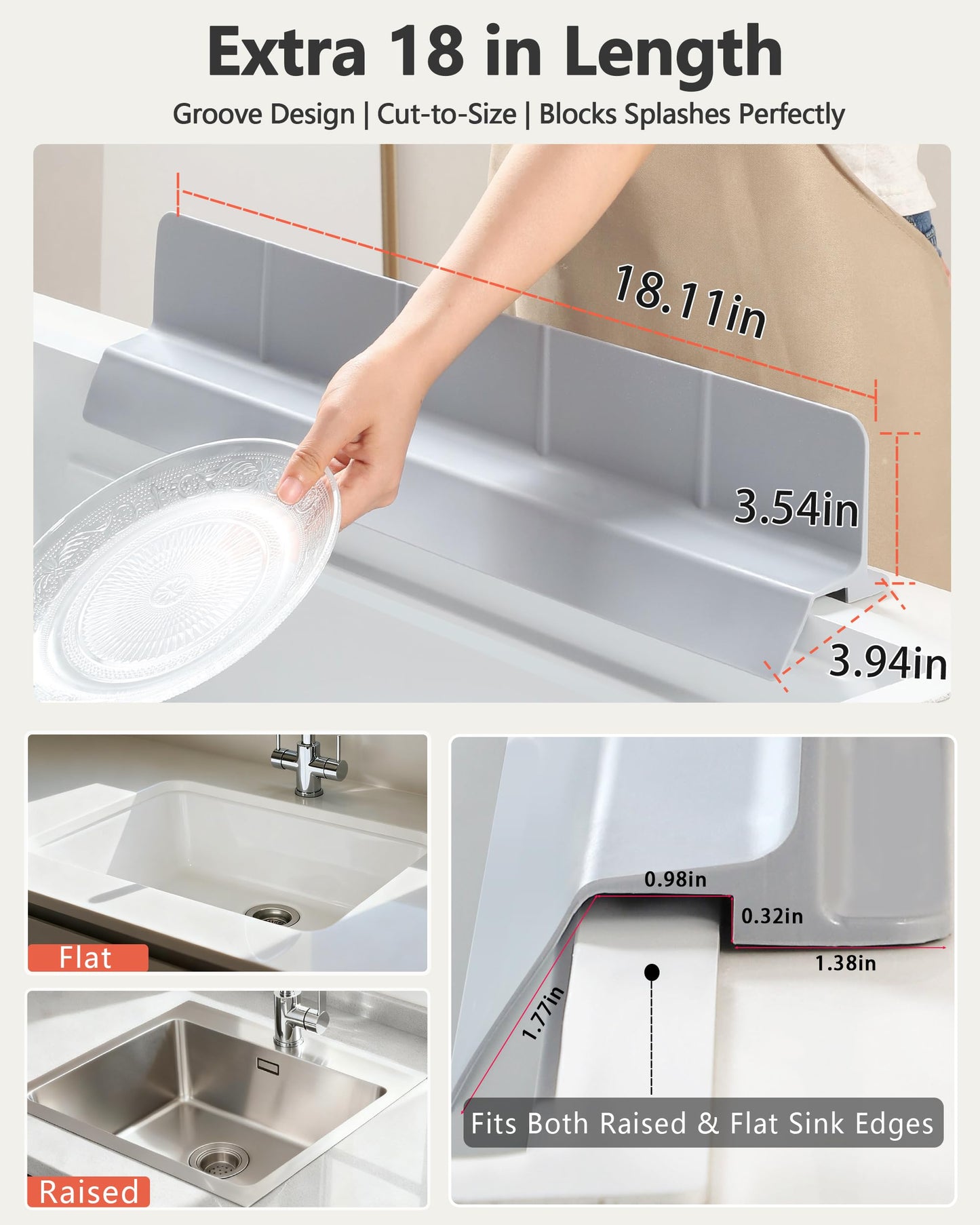 Akrelyan Kitchen Sink Splash Guard 18" 23" Self-Draining Silicone Water Guard with High Splash Wall & Strong Suction Cups for Faucet, Countertop & Sink Edge, Keeps Sinks Dry, Dishwasher Safe, Gray