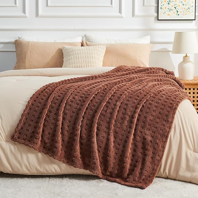 NEWCOSPLAY Super Soft Queen Blanket Coffee Premium Silky Flannel Fleece 3D Waffle Checkered Lightweight Bed Blanket All Season Use (Coffee, Queen(90"x90"))