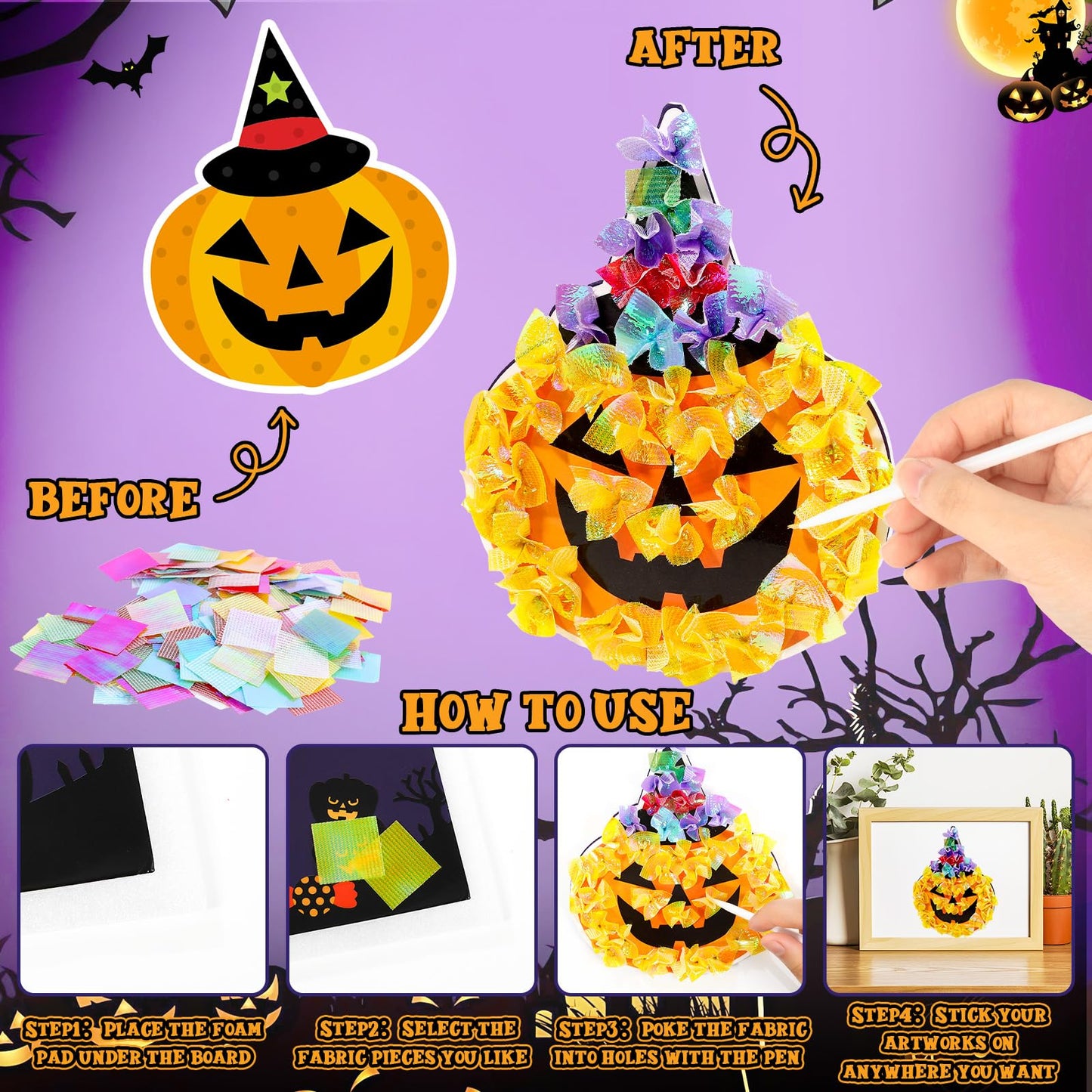 Lonfliness 8PCS Poke Craft Kit Halloween No-Mess Fabric Sewing Art Puzzle Puncture Painting Bat Pumpkin Ghost Halloween Creative Activity Game Birthday Party Favors