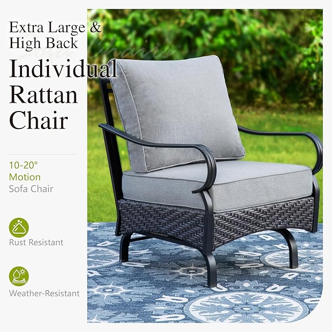 Sophia & William Extra Large Outdoor Patio Motion Sofa Chairs Set 2 PCS Heavy-Duty Metal Porch Furniture with High Back & Deep Seating Area, 5.5" Thicken Cushions for Deck, Lawn, Outside (Grey)