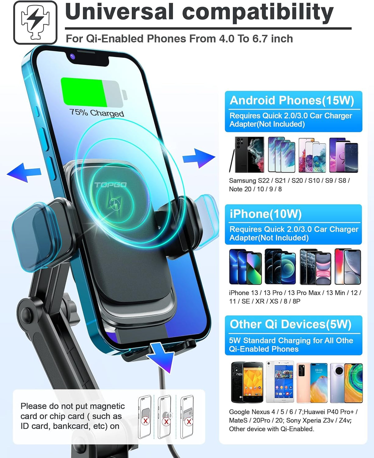 TOPGO [Upgraded Cup Phone Mount Wireless Charger, Universal Cell Phone Holder Car Charger Wireless Charger Cup Phone Holder Fast Charging for iPhone16 Pro Max, Samsung Galaxy - Black