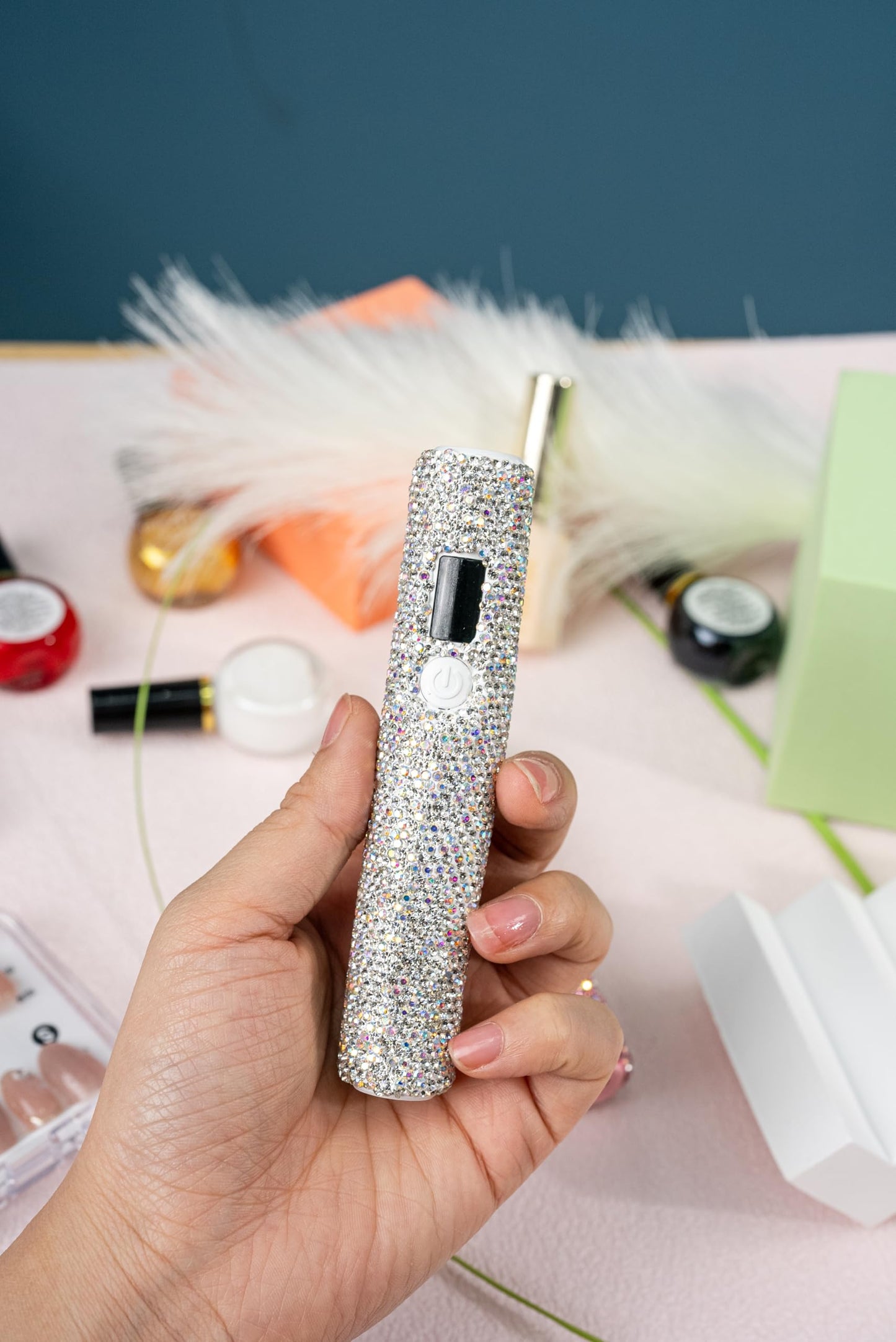 keeyada Handheld UV Light with Sparkly Rhinestones, 3W Portable LED Nail Lamp, Wireless Rechargeable USB Nail Dryer with Silicone Stamper Display Screen for Fast Curing Home DIY Manicure White