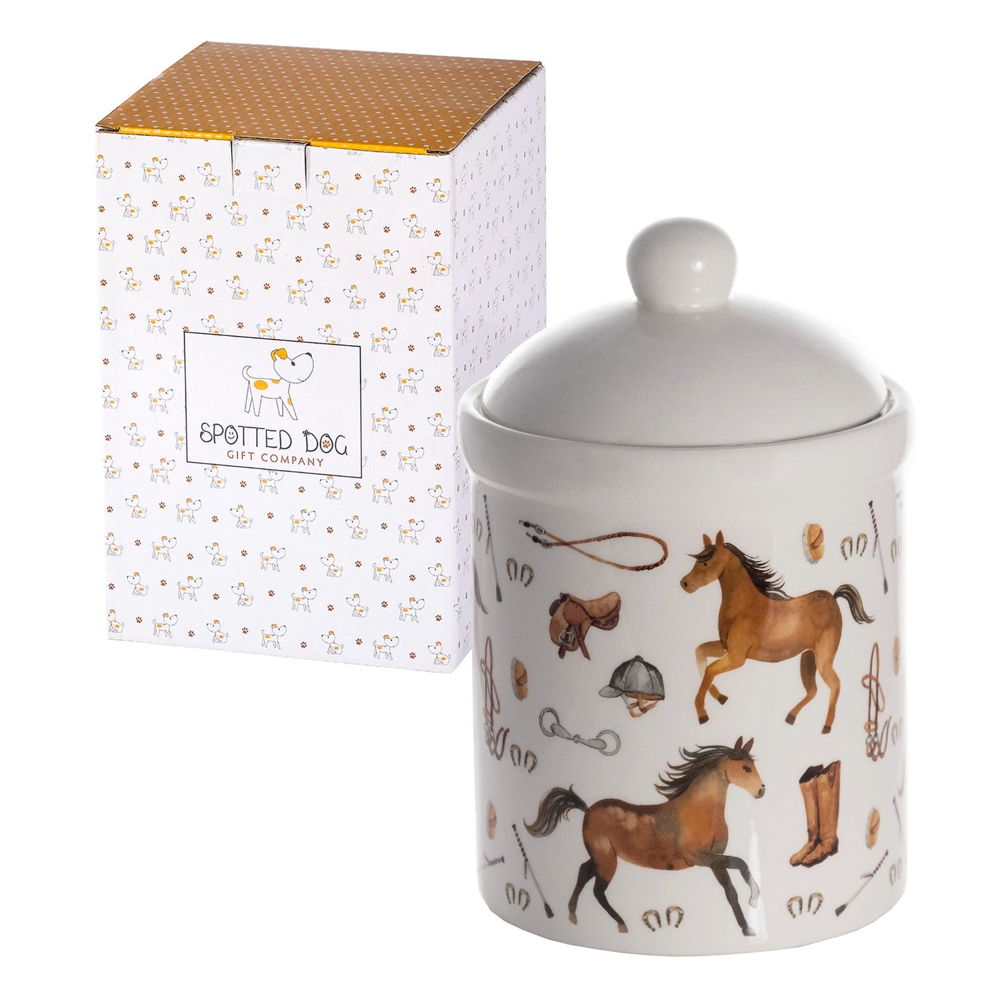 SPOTTED DOG GIFT COMPANY Ceramic Jar with Lid for Countertop, Cute Equestrian Themed Decorative Jar Kitchen Food Storage Container for Coffee Tea Sugar, Horse Gifts for Women 30oz