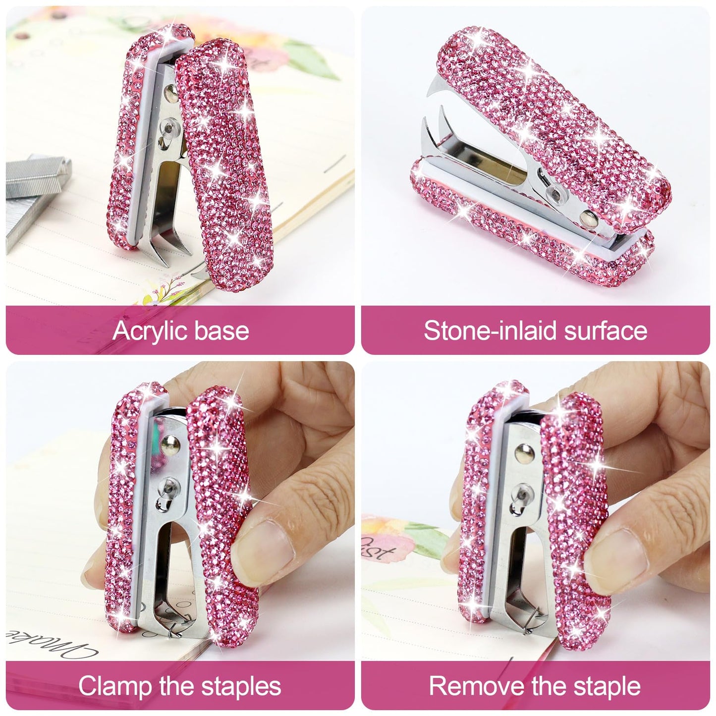 MultiBey 7 Pcs Pink Bling Rhinestone Desk Accessories Set, Crystal Office Stationery Kit with Stapler, Tape Dispenser, Scissors, Drawer Organizer - Glamorous Gift for Home School Office Supplies
