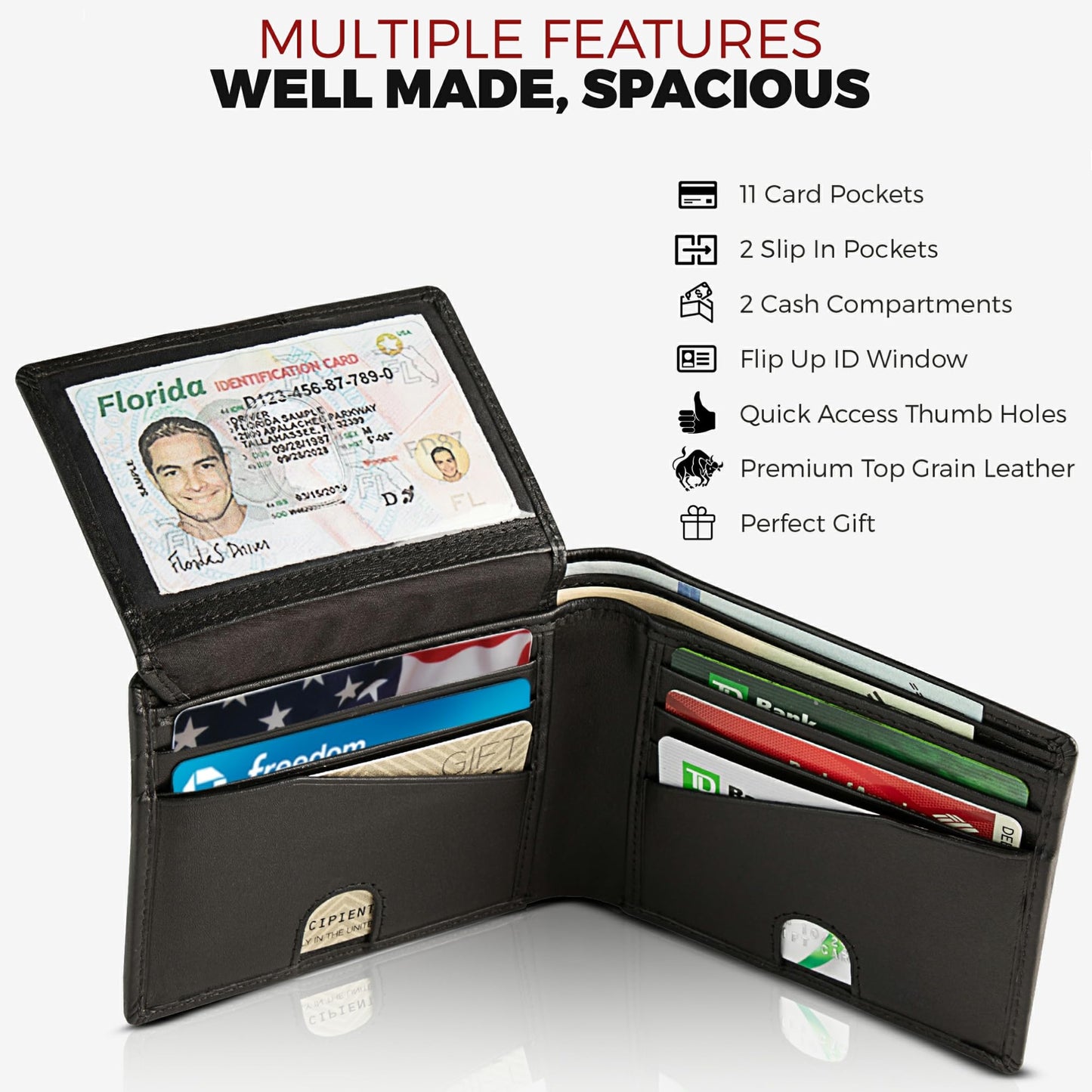 BULL GUARD RFID Blocking Wallet For Men Bifold Soft Black Genuine Nappa Leather Secure and Durable Extra Capacity Billfold with 11 Credit Cards