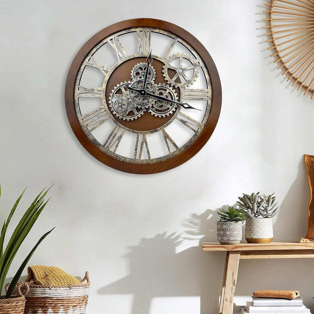 The B-Style Large Wall Clock 24 inch Moving Gear Wall Clock Oversized Vintage Farmhouse Wall Clocks for Living Room Decor Rustic Industrial Wood Clock (Drak Brown and Bronze)