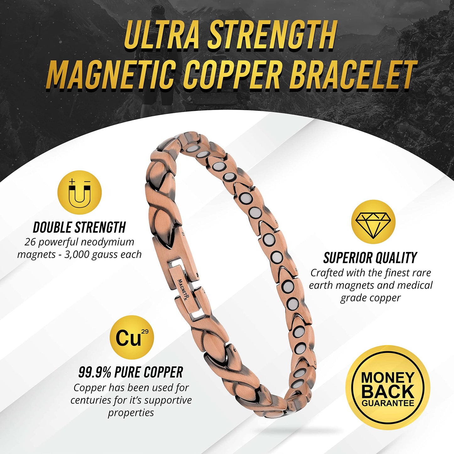 MagnetRX® Women's Pure Copper Magnetic Bracelet – Effective Ultra Strength Magnetic Copper Bracelets for Women – Adjustable Bracelet Length with Included Sizing Tool (XO Style)