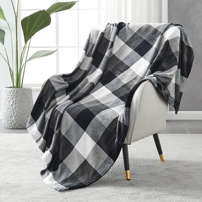 SOCHOW Buffalo Plaid Flannel Fleece Throw Blanket 60 x 80 Inches, Soft Lightweight Cozy All Season Black/White Checkered Blanket for Bed, Couch, Car