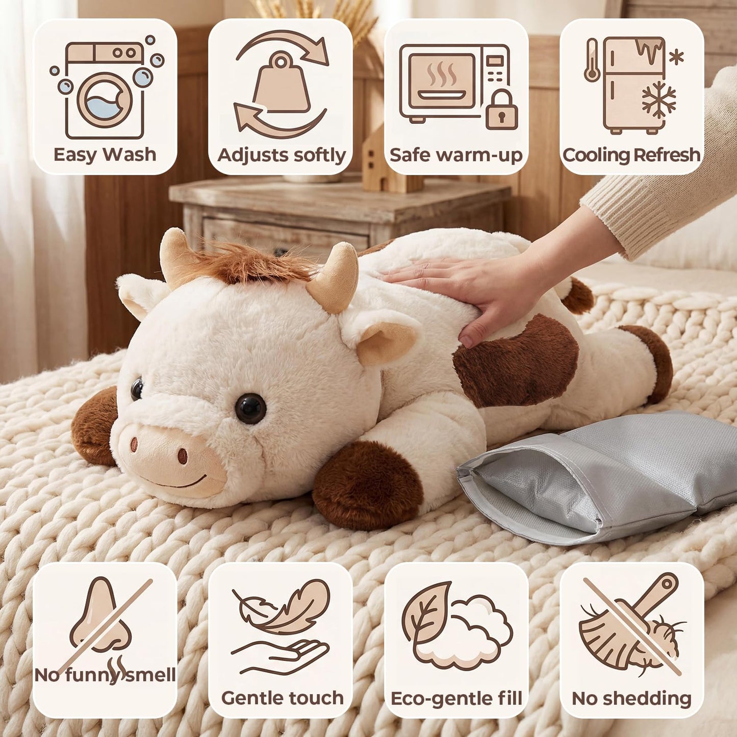 Mewaii Weighted Stuffed Animals for Adults & Kids, 2-5 lbs - 23" Heatable Coolable Cow Plush, Microwavable Adjustable Removable Inner Pad, Realistic Hug Comfort Gift (White)
