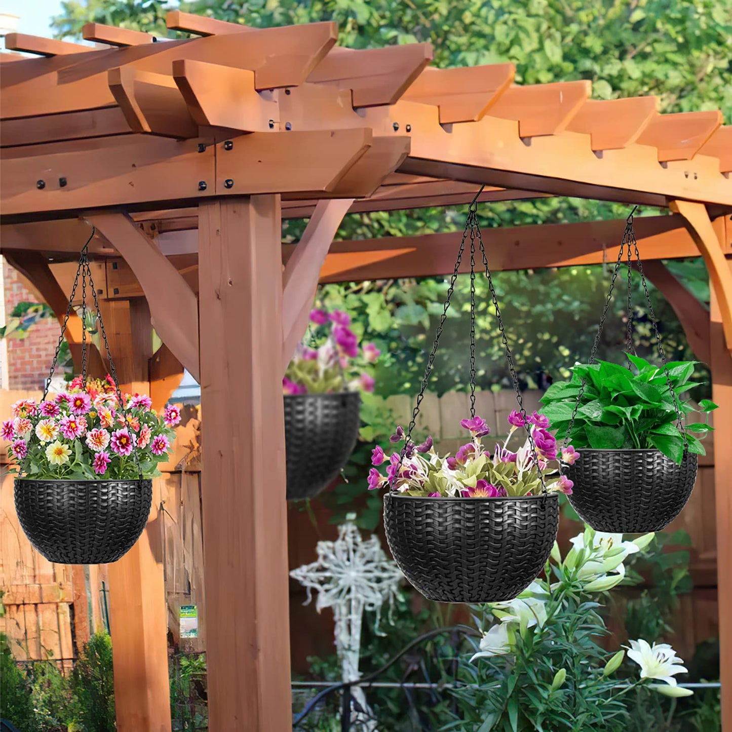 Foraineam Dual-Pot Self-Watering Hanging Planters, Black, 2 Pack, Indoor/Outdoor, Rattan Design, 10.2in and 8.2in
