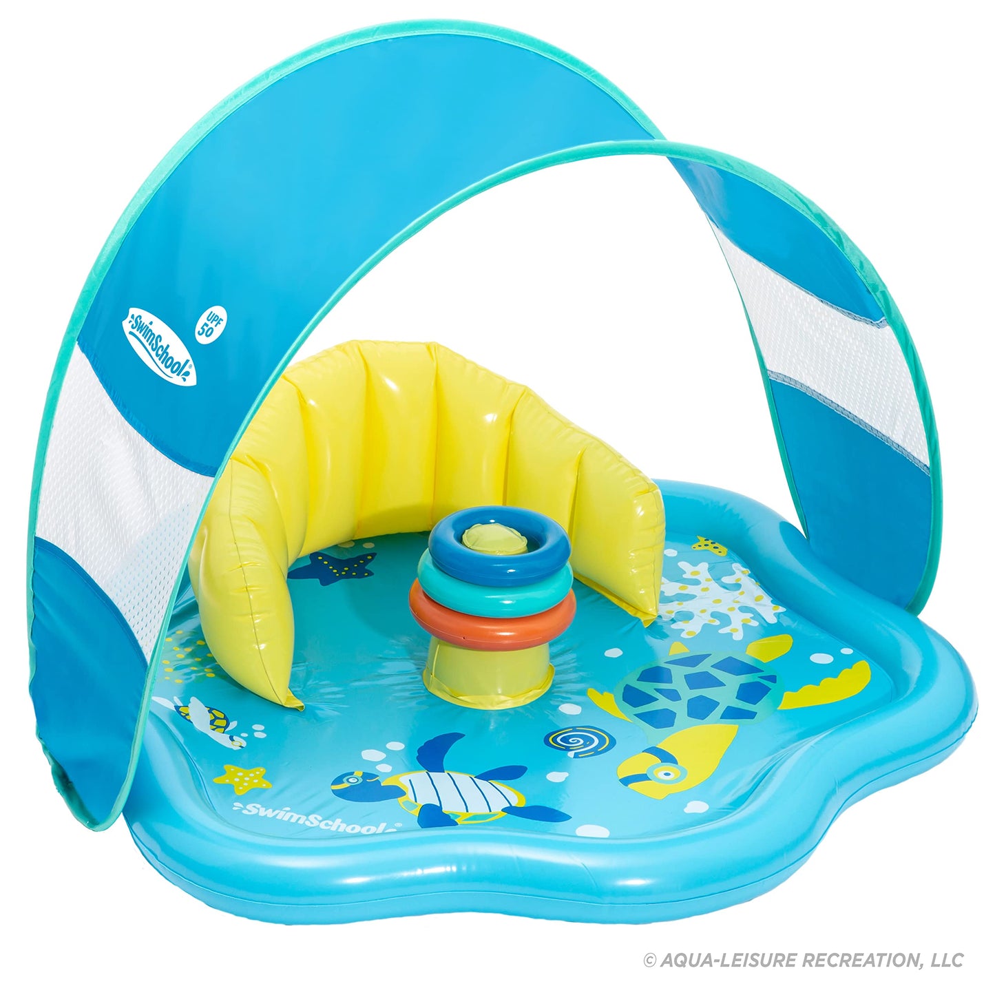 SwimSchool Baby Splash Play Mat with Adjustable Canopy – Inflatable Play Pool for Babies & Infants with Backrest – Includes Baby Water Toy Rings – Seafoam Blue Lemon