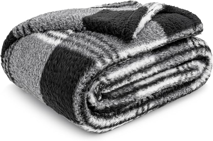 PAVILIA Sherpa Throw Blanket for Couch Sofa, White Black Fluffy Warm Plush Blanket for Twin Bed, Cozy Super Soft Lightweight Throw, Fuzzy Decorative Blanket, All Season Home, 60x80