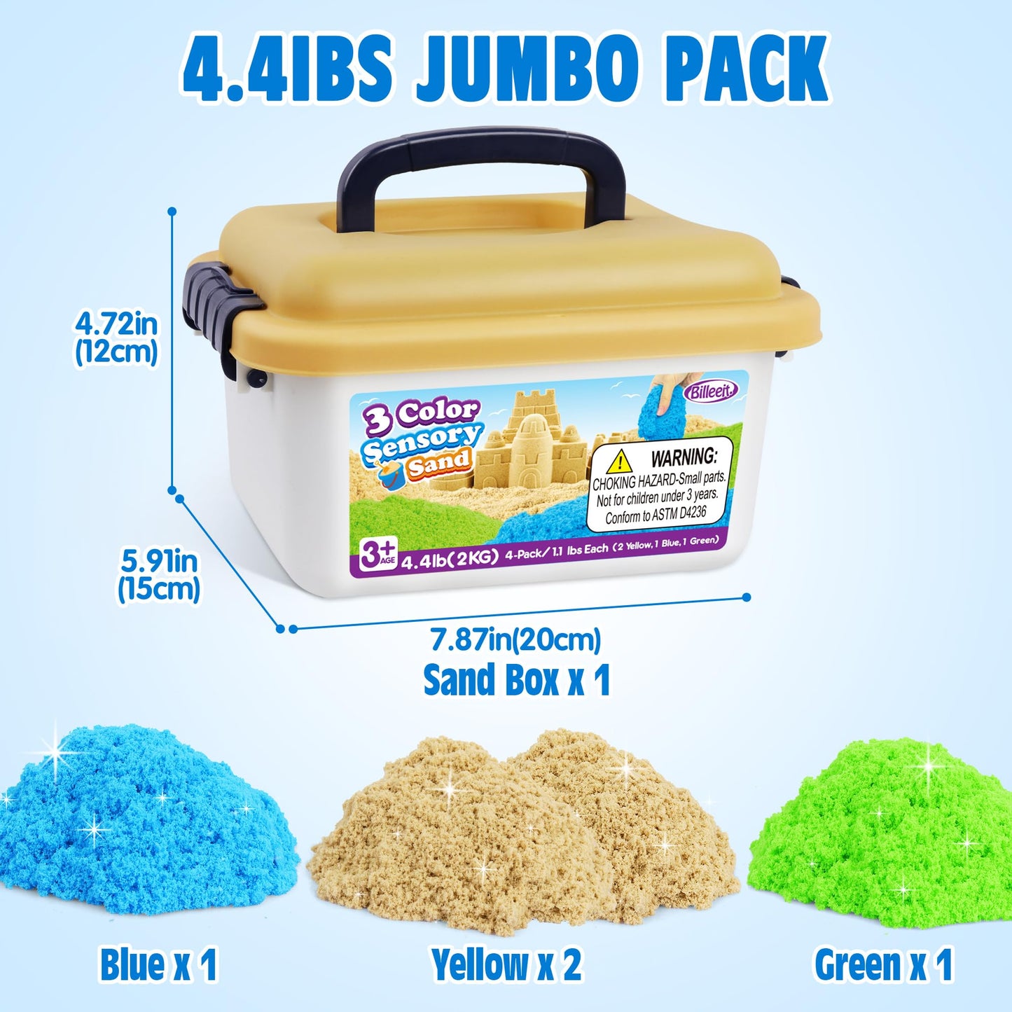 Billeeit 4.4 lbs Play Sand w/Storage Sandbox, 4-Pack(2 Yellow, 1 Blue, 1 Green) Sensory Bin Refill Sand for Shaping, Molding, Pressing, Scooping, Rolling, Self-Sticking Sand Sensory Toy for Kids 3+