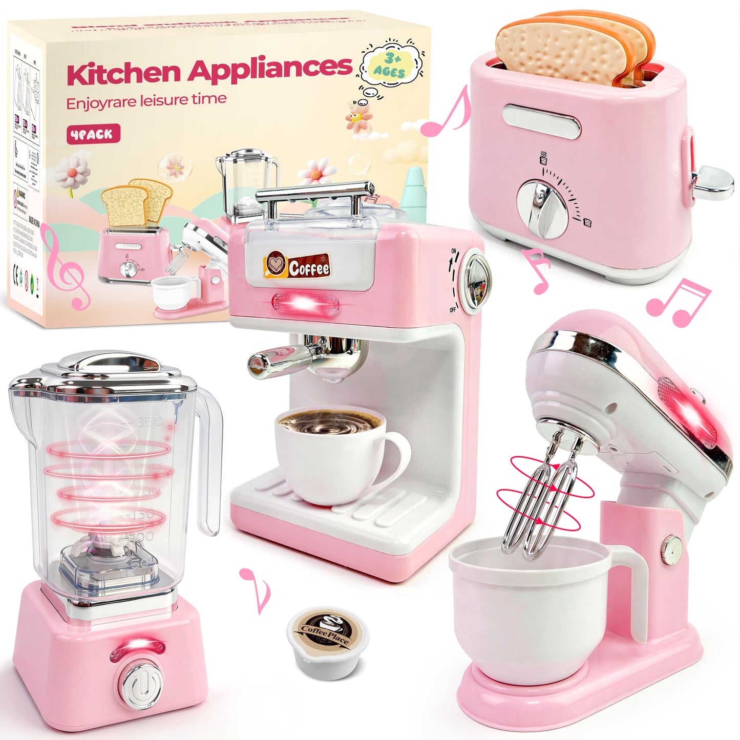 Play Kitchen Accessories,Toy Kitchen Appliances with Blender,Coffee Maker,Mixer,Toaster,Kids Kitchen Playset with Sound & Light,Play Kitchen Sets for Kids Ages 4-8,Pink Kitchen Toys for Girls Ages 3-5
