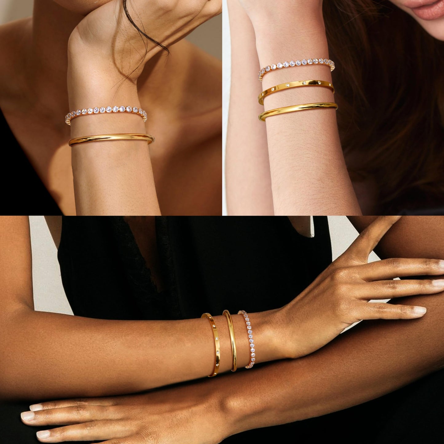Fansilver 3PCS Gold Bracelets Set - 14K Gold Plated Link, Cuff, Bead Ball, Twisted Chunky Bangle Stackable Bracelets