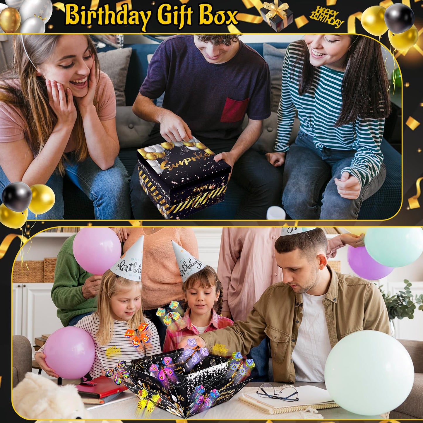 FVNPIHAM Surprise Gift Box Explosion, Birthday Flying Butterfly Explosion Gift Box with 8 Colorful Butterfly Sequins Raffia, Exploding Gifts Boxs for Birthday Gifts Wrapping