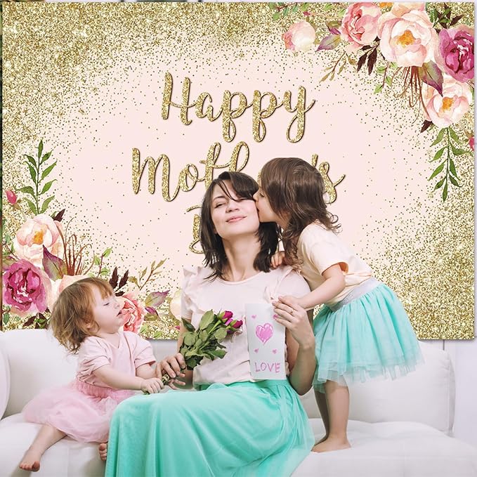 Avezano Glitter Gold Happy Mother's Day Backdrop for Thanks Mother Party Photoshoot Photography Background Blush Pink Golden Glitters Dots Floral Mom's Day Party Decorations Backdrops (8x6ft)