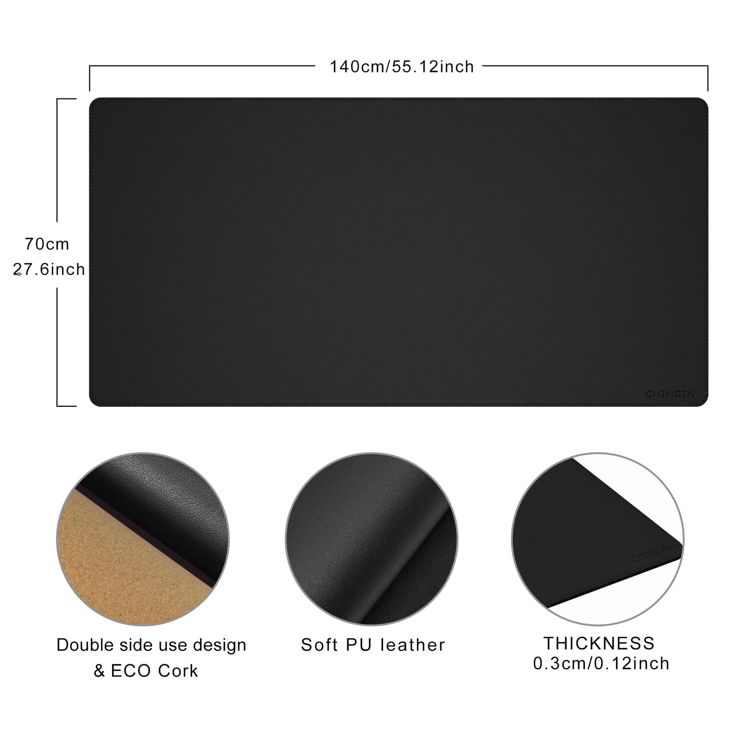Chihein Cork & PU Leather Desk Mat 55” x 28” - Extra Large Mouse Pad, Double Sided Waterproof Desk Pad Protector for Executive Desk, Dining Table, Office Desk (Black)