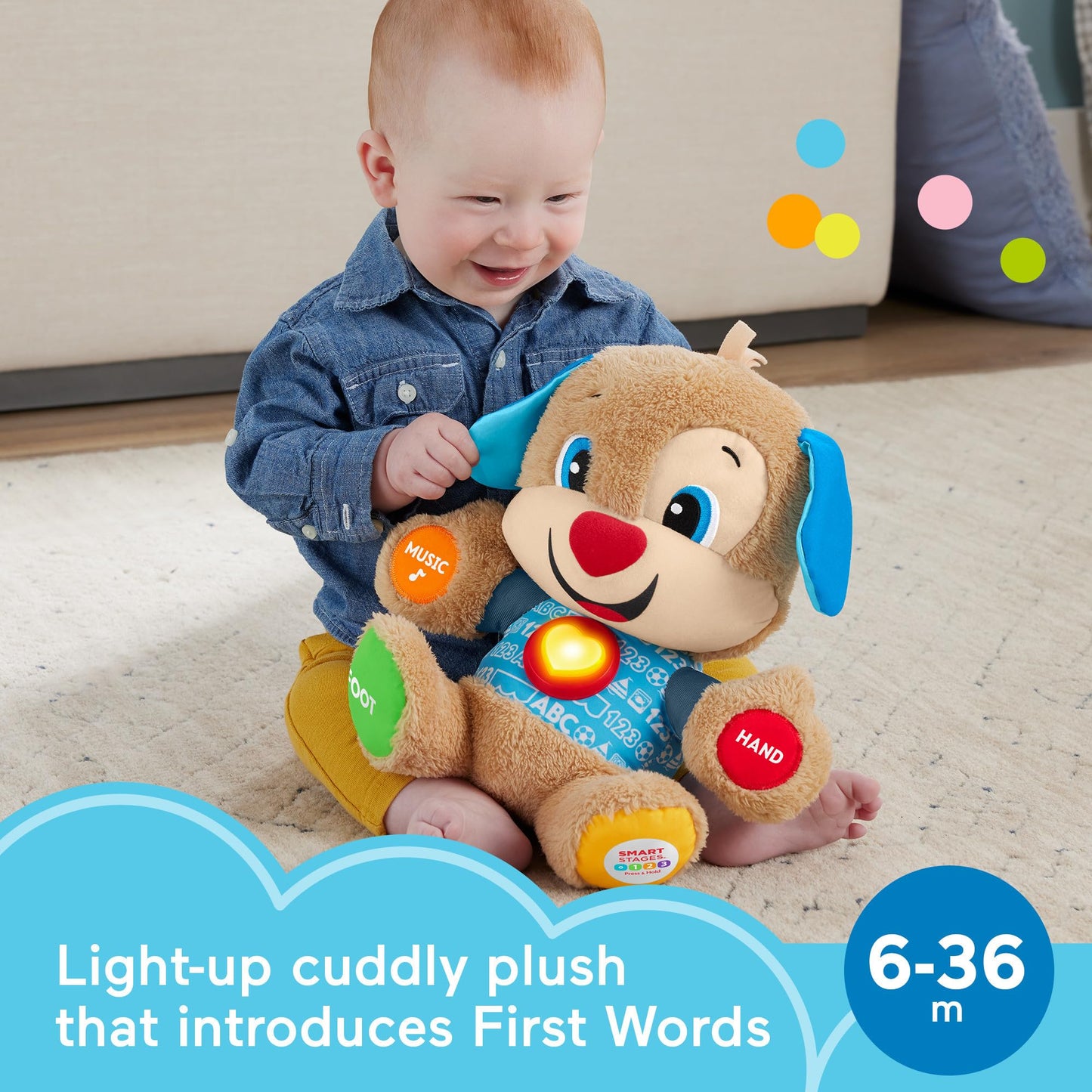 Fisher-Price Laugh & Learn Baby Learning Toy, Smart Stages Puppy, Plush with Lights Music and Educational Content for Ages 6M+