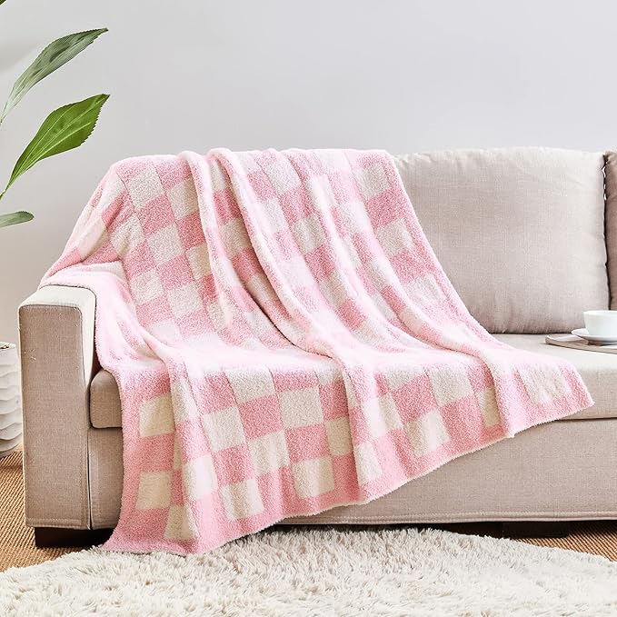 CozeCube Checkered Blanket, Ultra Soft Cozy Pink and White Throw Blanket, Warm Cozy Knit Fuzzy Plush Checkerboard Throw for Couch Bed Sofa, 50"x60"