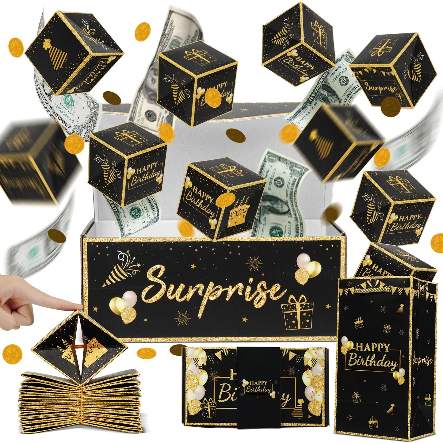 Jacyan Birthday Surprise Gift Box Explosion for Money, Exploding Money Gift Box for Cash Pop up Birthday Money Explosion Box Surprise Party Gift 12 Folding Bounce Boxes for Men Women Kids, Black Gold