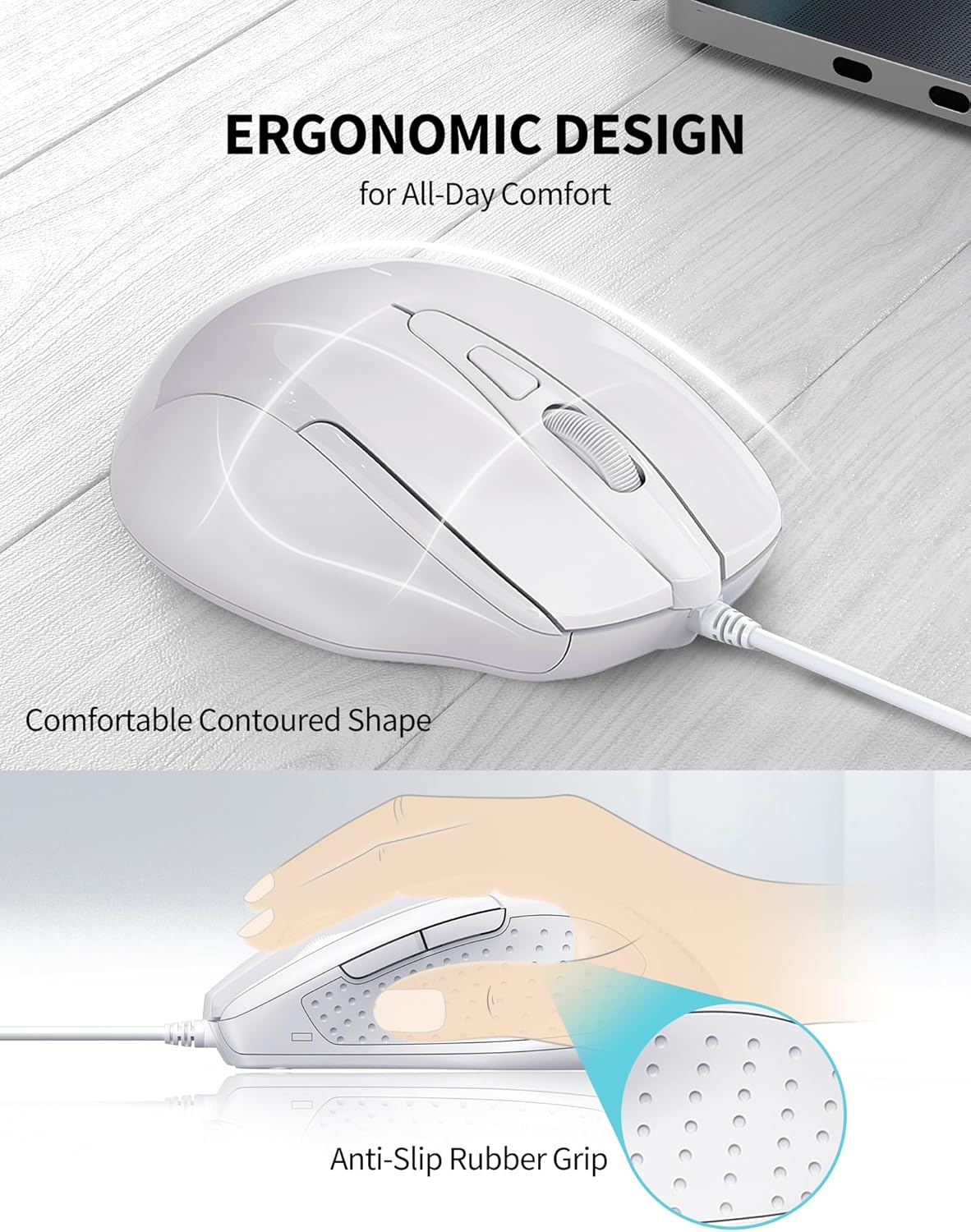 TECKNET USB Wired Mouse, 6-Button Corded Mouse with 4 Adjustable DPI, Optical Computer Mouse with Ergonomic Design and 5FT Cord for Laptop, Chromebook, PC, Desktop, Mac, Notebook-LT.White