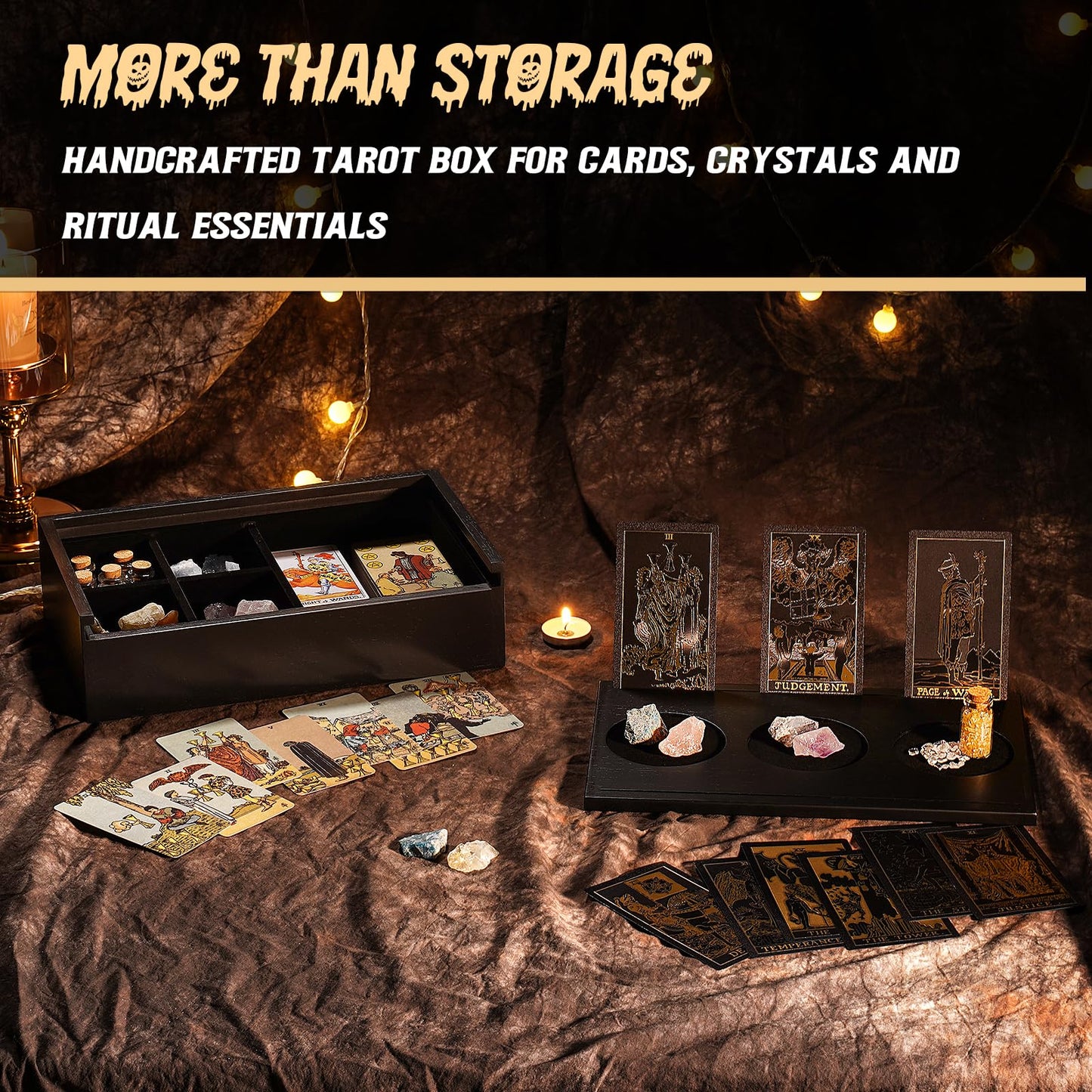 Emfogo Wooden Tarot Card Holder - Slide-Top Lid with 2 Card Slots Holds 8 Cards & Displays Crystals, Multi-Compartment Organizer for Jewelry, Trinket, Keepsake, Witchcraft Supplies (Black)