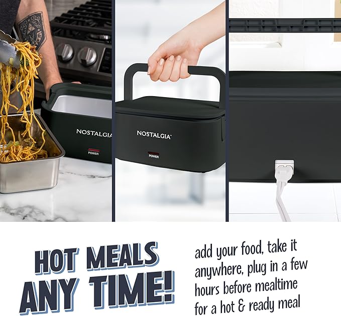 Nostalgia 32-Ounce Heated Electric Lunch Box – Travel Size 4 Cup Capacity for Soup, Pasta, and Leftovers – Leak-Proof Silicone Sealed Lid, Foldable Carry Handle, Detachable Cord – Black