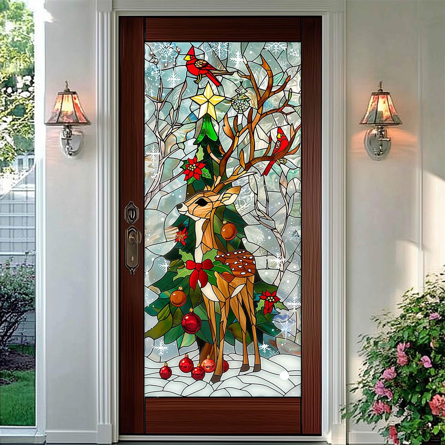 HOMETITUTE Reindeer Stained Glass Decorative Privacy Film Christmas Tree Window Cling Holiday Seasonal Window Sticker for Living Room Bedroom Kitchen 17.7 x 39.3 Inch