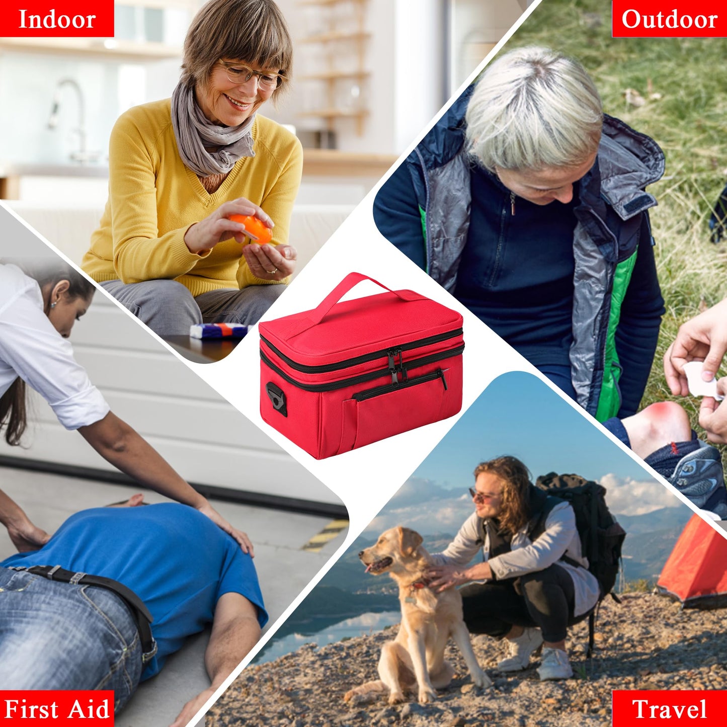 Tesuko Medicine Bag for Traveling with Portable Small Pouch, Double Layer Pill Bottle Organizer Storage Case with Lockable Zippers, Carrying Medication Travel Case with Shoulder Strap (Bag ONLY), Red