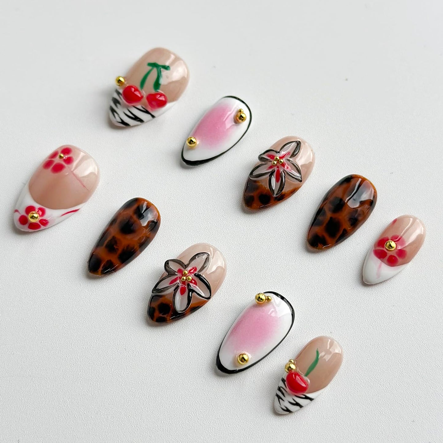Luxury Press on Nails Short Almond Handmade 3D Unique Reusable ABS Material Fake Nails French Tip False Nails with Designs Flower Leopard Print Fall Glossy Glue on Nail Thick Acrylic Nail(M)