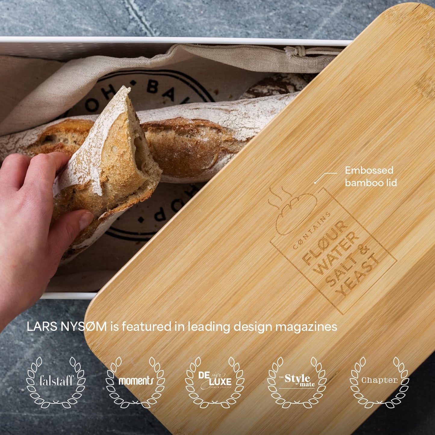 LARS NYSØM Bread Box I Metal Box for long lasting freshness I Bread Bin with bamboo lid usable as cutting board I 13.4x7.7x5.3In (Brick Red)