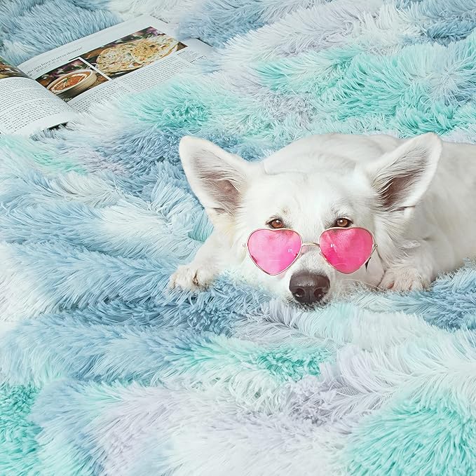 Tuddrom Decorative Extra Soft Faux Fur Blanket Queen Size 80"x90",Solid Reversible Fuzzy Fluffy Plush Fleece Comfy Microfiber Fur Blanket for Couch Sofa Bed,Tie Dye Blue
