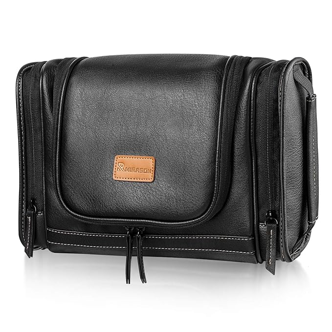 MIRASON Travel Toiletry Bag, Hanging Toiletry Bag for Men, Leather Travel Shower Bag for Toiletries Dopp Kit Bathroom Bag with Metal Hook Gift for Men (Black)