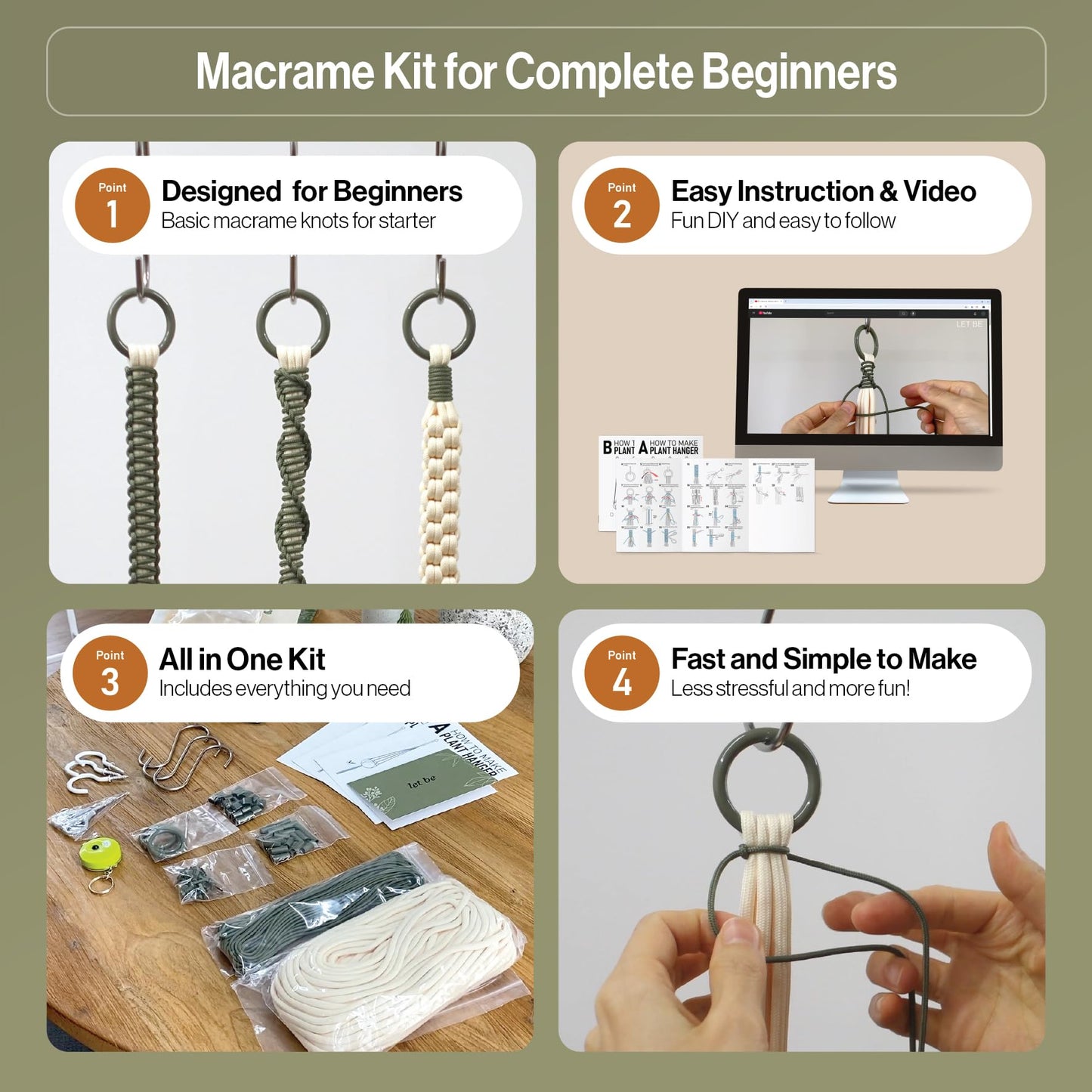 LET BE Macrame Kits for Beginners, 3 Set of Plant Hangers DIY Kit: Braided Polyester Ropes 50yds*5mm Ivory, 20yds*2mm Forest Green, 60+Pcs Supplies with Step-by-Step Easy Instructions (IVGR)