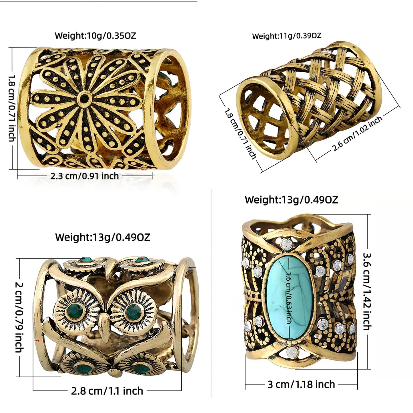 SYWDUDUCLT Vintage Style Scarf Ring Set, 4 Pack, Gold Tone with Floral, Turquoise, Weave and Owl Designs
