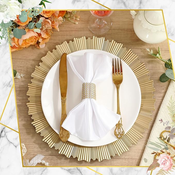 Tanlade 12 Set Light Gold Charger Plates Bulk with Napkin Rings Plastic 13" Plate Charger Fluted Edge Wedding Decoration for Table Wedding Party Event(Gear)