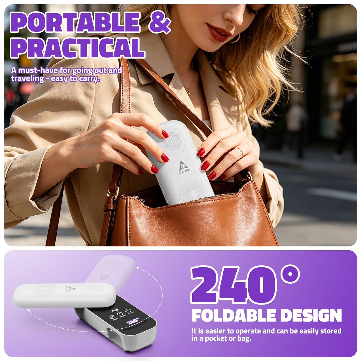 Aisuoker Compact Cordless UV Nail Lamp, 2‑in‑1 Gel Dryer & Nail Care Light with 4 Light Modes, Rotatable Panel & UV Protection Design, Portable LED Nail Light with 4 Modes ＆ Timer for Salon and Home