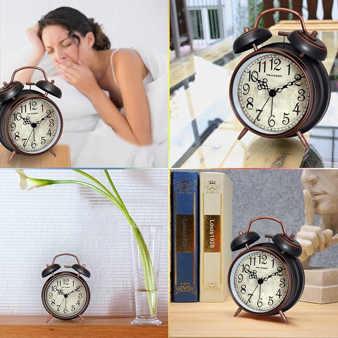 Peakeep Retro 4.5 inches Battery Operated Twin Bell Loud Alarm Clock | for Heavy Sleepers Adults, Old Fashioned Back to 80?€?s for Bedroom Desk Living Room Kids' Room Decoration (Black with Arabic)
