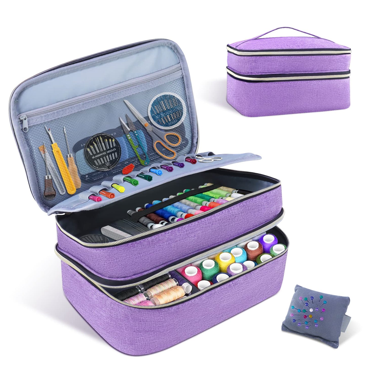 Sewing Organizer Bag - 11.5"x8"x6" Double-Layer Sewing Box with Storage for Scissors, Thread, Pins, Needles, Clips (Purple)