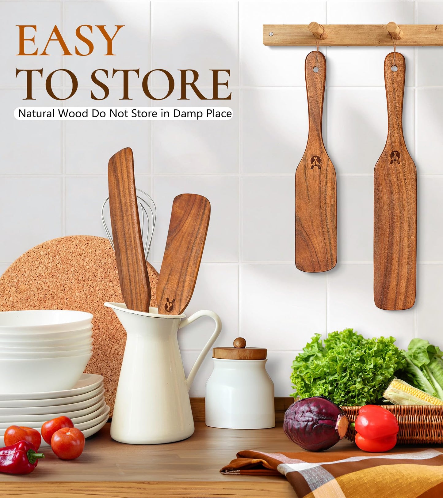 2Pcs Spurtles Kitchen Tools Wooden, Wooden Spurtle Spatula Set for Sourdough Starter, Natural from High Moist Resistance Teak, Kitchen Utensils for NonStick Cookware
