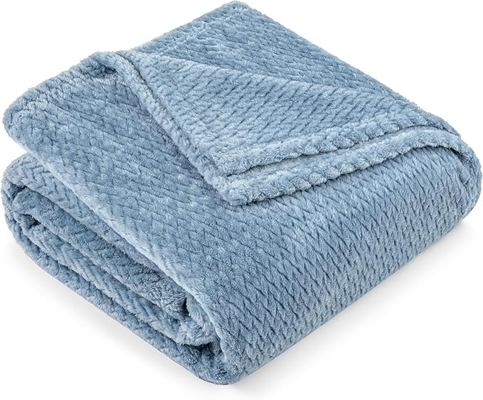 PAVILIA Soft Fleece Dusty Blue Throw Blanket for Couch, Lightweight Plush Warm Blankets for Bed, Fuzzy Cozy Flannel Blanket Throw for Sofa, Travel, Jacquard Pattern, Dusty Blue, 50x60 inch