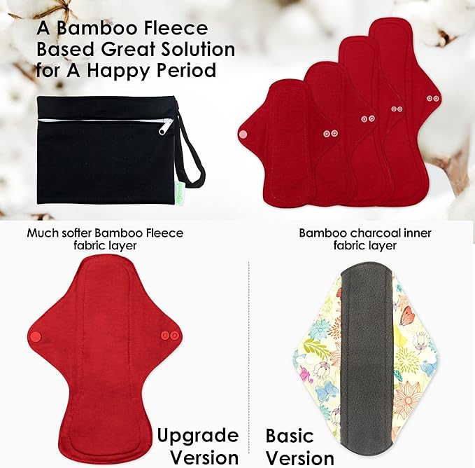 wegreeco 6 Pcs Reusable Menstrual Pads, Ultra Absorbent Cloth Pads for Heavy Flow, Sanitary for Teens, Women, Nonslip Panty Liners + Bag (Burgundy, Starter Kit Set)