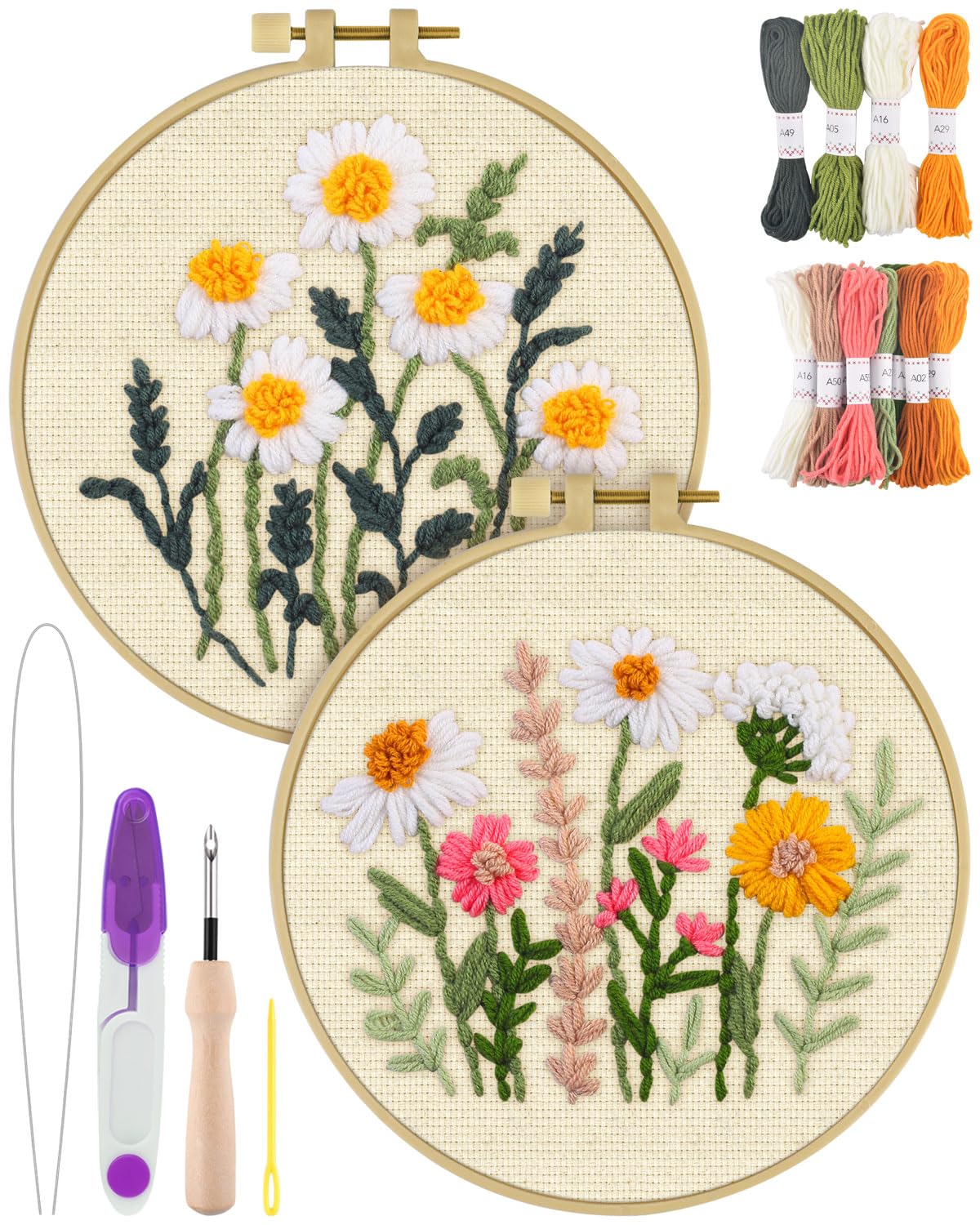 ERKOON Punch Needle Kit Adults Beginners, 2 Pcs DIY Easy Flower Embroidery Set for Starter Art Craft, Needling Punching Project with Patterns, Tools, Yarns, Hoop, Instruction (Daisies)