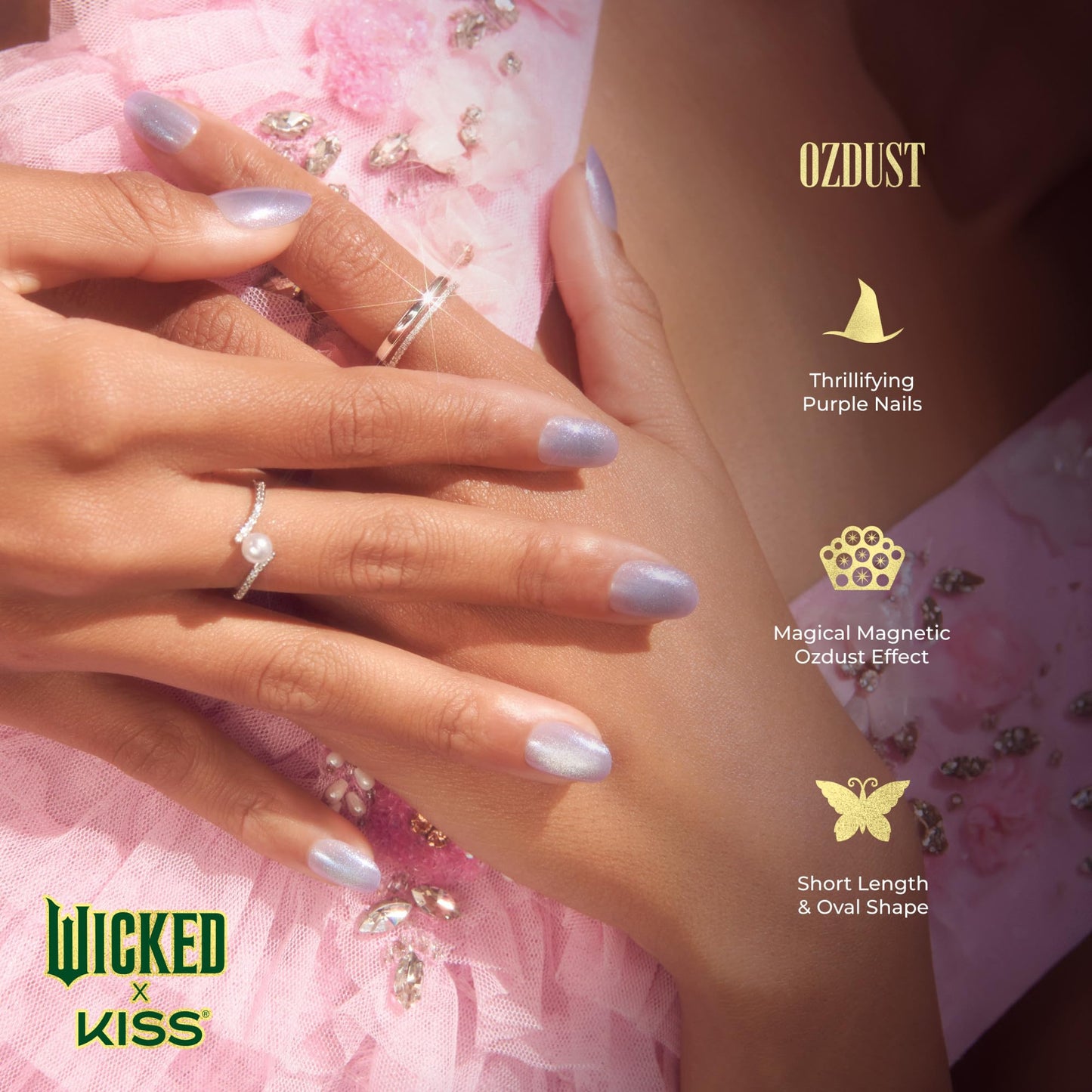 WICKED X KISS Press On Nails, ‘Ozdust’, Light Purple, Short Oval, Waterproof, Chip Proof, Smudge Proof, 28 Fake Nails, Pink Gel Nail Glue (2g), Mini Nail File, & Manicure Stick