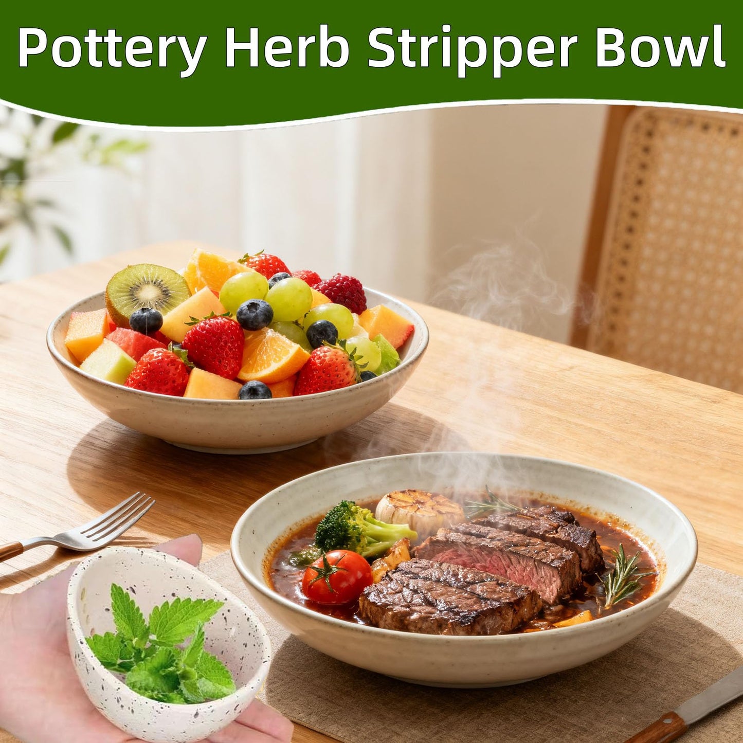 Ceramic Herb Stripper Bowl with Multiple Hole Sizes for Leaves and Stems, Small (white)