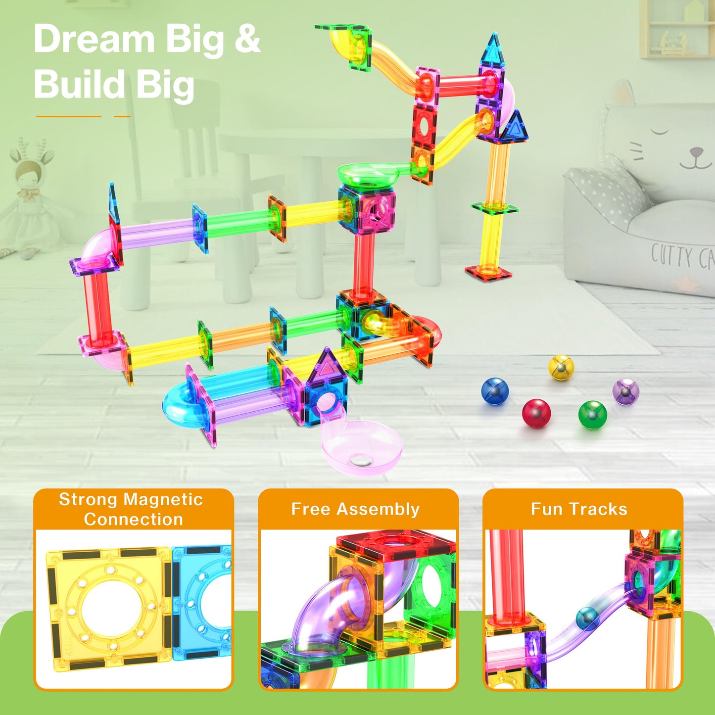PicassoTiles 120pc Magnetic Tile Marble Run Set STEM Construction Toy with Track Building Blocks Educational Learning Compatible for Brain Development Creativity Coordination Kids Age 3 Plus PTG120