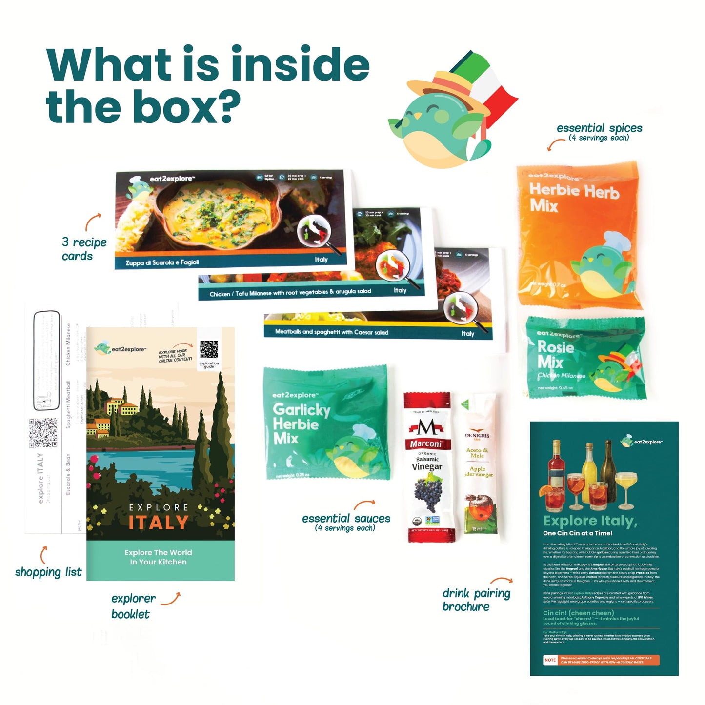 eat2explore Global Cooking Kit - Authentic Recipes, Essential Spices, Cultural Fun & Expert Drink Pairings -Perfect for Date Night and Dinner Parties (ITALY edition)